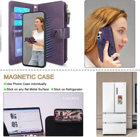 محفظة Lacass لهاتف Samsung Galaxy A35 5G، [12 فتحة للبطاقات] حامل نقدي لبطاقة الهوية وجيب بسحاب وغطاء محفظة جلدية قابلة للفصل مع حبل معصم (زهري أرجواني داكن) in Saudi Arabia