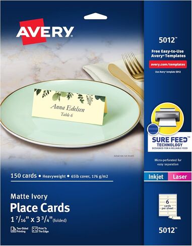 بطاقات مكان قابلة للطباعة من Avery مع تقنية التغذية المؤكدة، 1-7/16 بوصة × 3-3/4 بوصة، عاجي مزخرف، 150 بطاقة خيمة فارغة لطابعات الليزر أو الطابعات النافثة للحبر (5012) in Saudi Arabia