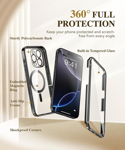 BERFY Magnetic for iPhone 16 Pro Max Case 6.9", [Compatible with Magsafe] Built-in Tempered Glass Screen Protector & Upgraded Camera Protection, Full-Body Plating Phone Case for 16 ProMax, Desert Gold in Kuwait