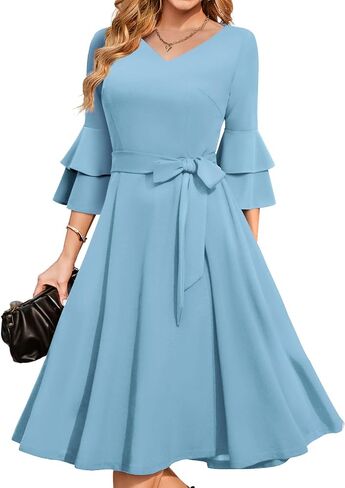 فستان كوكتيل من DRESSTELLS للنساء أنيق وأنيق برقبة على شكل حرف v وأكمام جرس مزدوجة فستان كنيسة متواضع رسمي لضيف الزفاف in Saudi Arabia