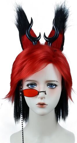 شعر مستعار Anime Alastor مع آذان قرون الشيطان سلسلة نظارات أحادية اللون للأزياء التنكرية in Saudi Arabia