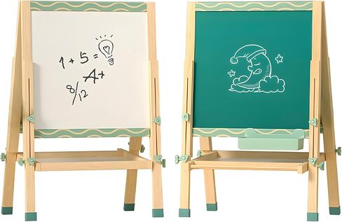 حامل أدينا مونتيسوري قابل للتعديل باللون الأخضر على الوجهين للأطفال - سبورة بيضاء مغناطيسية وسبورة - إطار خشبي، حامل فني قابل للطي للعب التعليمي in Kuwait