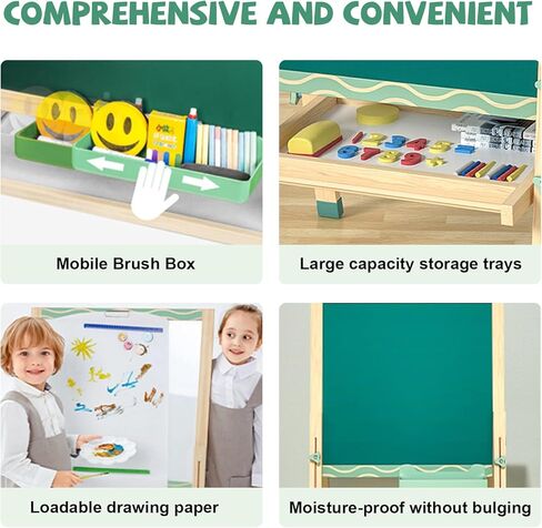 حامل أدينا مونتيسوري قابل للتعديل باللون الأخضر على الوجهين للأطفال - سبورة بيضاء مغناطيسية وسبورة - إطار خشبي، حامل فني قابل للطي للعب التعليمي in Kuwait