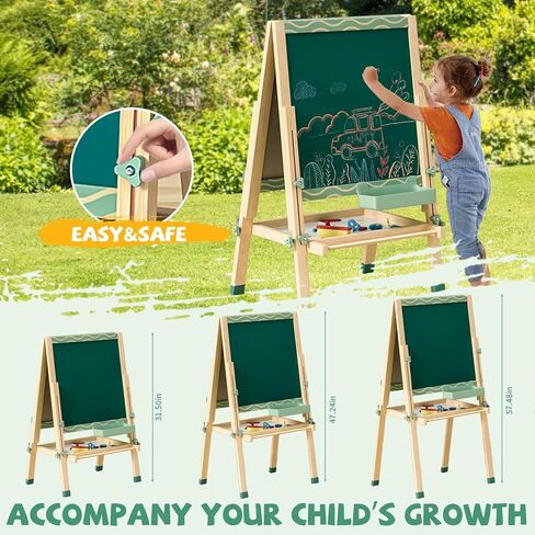 حامل أدينا مونتيسوري قابل للتعديل باللون الأخضر على الوجهين للأطفال - سبورة بيضاء مغناطيسية وسبورة - إطار خشبي، حامل فني قابل للطي للعب التعليمي in Kuwait