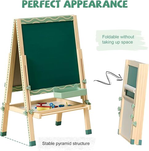 حامل أدينا مونتيسوري قابل للتعديل باللون الأخضر على الوجهين للأطفال - سبورة بيضاء مغناطيسية وسبورة - إطار خشبي، حامل فني قابل للطي للعب التعليمي in Kuwait