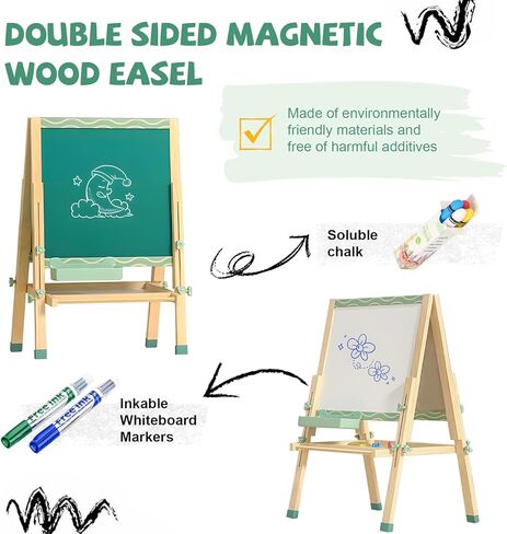 حامل أدينا مونتيسوري قابل للتعديل باللون الأخضر على الوجهين للأطفال - سبورة بيضاء مغناطيسية وسبورة - إطار خشبي، حامل فني قابل للطي للعب التعليمي in Kuwait