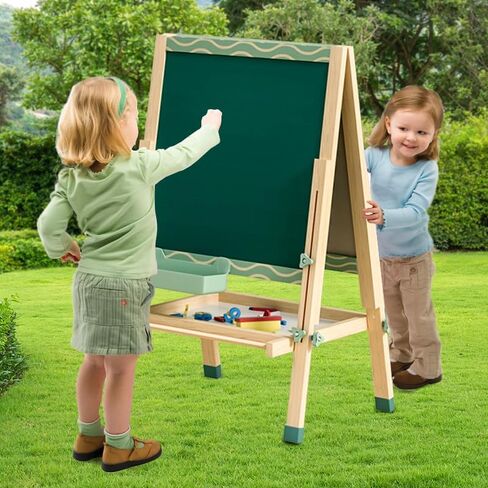 حامل أدينا مونتيسوري قابل للتعديل باللون الأخضر على الوجهين للأطفال - سبورة بيضاء مغناطيسية وسبورة - إطار خشبي، حامل فني قابل للطي للعب التعليمي in Kuwait