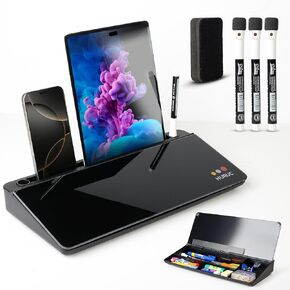 Glass Desktop Whiteboard with Storage,15.3"x7.08"x2.16" inch Desktop Dry Erase Board with Markers & Duster, Desk Whiteboard Buddy, Deskboard Buddy Organizer for Home, Office, School (Black)