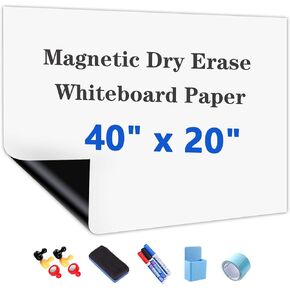 Magnetic White Board Paper, 40"x 20" Dry Erase Board for Wall, Self Adhesive Whiteboard Paper Set for Office, Conference Room, Classroom, Home, Include Marker, Magnetic Eraser and Magnets