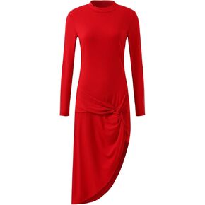 Rhomba Women's Crewneck Long Sleeve Asymmetrical Slim Fitted Elegant Dressy Work Midi Dress