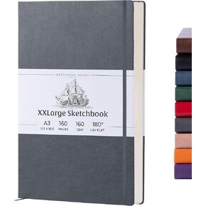 BEECHMORE BOOKS Art Sketch Book, Extra Large A3 160 Pages 11.7 x 16.5 inch, Hardcover Leather Artist Sketch Pad for Drawing and Painting, Thick 160gsm Cream Paper, Boxed for Gifts, Charcoal Black