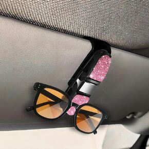 2 Pack Glasses Holders for Car Sun Visor, Bling Crystal Rhinestones Sunglasses Mount with Ticket Card Clip, Clip 360 Degree Rotational Sunglass Holder for Car, Universal for All Cars (AB Color)