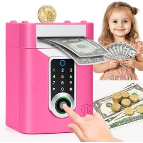 Fingerprint Piggy Bank for Kids, Touchscreen Money Bank Toys for 4 5 6 7 8 9 10 11 12 13 Year Old Boys Gift Ideas, Electronic Money Saving Box for Girls, Birthday Gifts for Boys ATM Machine for Kids