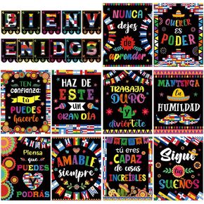 Outus 21 Pcs Hispanic Heritage Month Posters Spanish Motivation Posters Bienvenidos Inspirational Posters International World Flag Bulletin Board Decoration for Latin American Spanish School Classroom