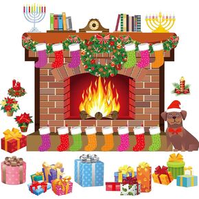 Chinco 39 Pieces Christmas Holiday Hearth Bulletin Board Decoration Fireplace Bulletin Board Seasonal Winter Bulletin Board Christmas Stocking Candle Wreath Cutout for Christmas Classroom Home Decor