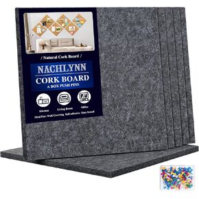 NACHLYNN Felt Corkboards for Wall 6 Pack 12 x 12-1/3" Brown Self-Adhesive Cork Board Tiles Square Bulletin Board with 100 Push Pins Frameless Cork Tiles for Walls Home Office