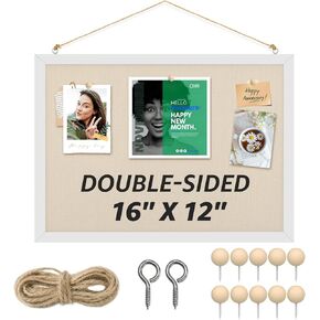 MaxGear 16" x 12" Small Cork Board for Wall, Double-Sided Linen & Cork Bulletin Board with White Wood Frame, Picture Display Board for Girls Room, Office, Bedroom, Kids Room, Classroom