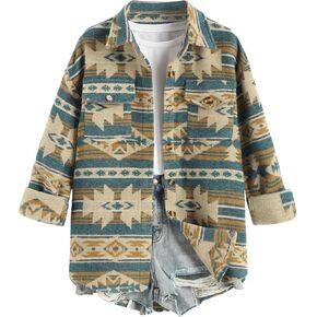 ZAFUL Women's Aztec Jacket Ethnic Western Style Long Sleeve Vintage Button Down Jacket Shacket with Pockets