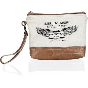Upcycled Canvas & Leather Wristlet Wallet Handbag for Women Off-white