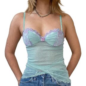 Sup-Coente Y2K Lace Crop Top Tank Women Fairy Blue Asymmetrical Sheer Mesh Cute