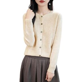 Women's Crewneck 100% Merino Wool Sweater 2024 Spring Fall Solid Long Sleeve Seamless Knitted Cardigan Sweater