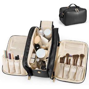 Travel Makeup Bag Women's Large Capacity Cosmetic Portable Organizer Waterproof Large Opening Storage Toiletry Bags Vertical Free-Standing Brush Holder for Easy Access（Black）