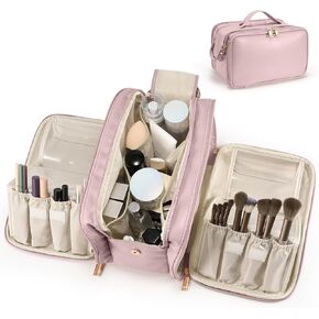 Travel Makeup Bag Women's Large Capacity Cosmetic Portable Organizer Waterproof Large Opening Storage Toiletry Bags Vertical Free-Standing Brush Holder for Easy Access（Black）