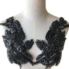 Rhinestones Applique Mirror Pair Beaded Patch Embellished for Prom Dress Costumes Emerald Color