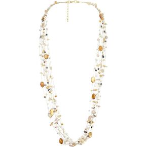 AeraVida Earth Tones Mixed Stone & Mother of Pearl Multi-Layered Necklace | Boho Chic Silk Thread Jewelry for Women