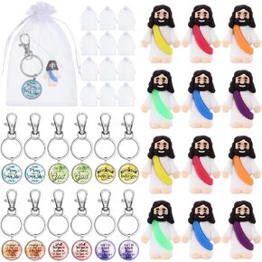Bememo 12 Sets Little Jesus Figures Original Mini Rubber Jesus Toys Christian Bible Keychains Bulk with Organza Bags Jesus Toys Religious Party Favors Sunday Baptism Gift for Halloween Christmas Party