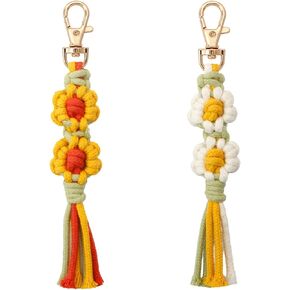 2PCS Macrame Wristlet Keychain Daisy Weave Bracelet Handmade Wrist Lanyard Boho Rope Keyring Phone Holder for Women Girl