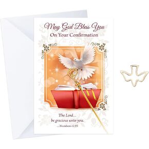 Confirmation Card - with Holy Spirit Lapel Pin | Confirmation Cards for Boys and Girls, Gold Plated Metal Dove Pin | 2 Items Set
