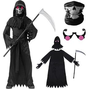 Mprocen Kids Grim Reaper Costume Set for Boy Girl Horror Robe with Red Eyes Scythe Gloves Scary Ghost Cosplay Halloween Party