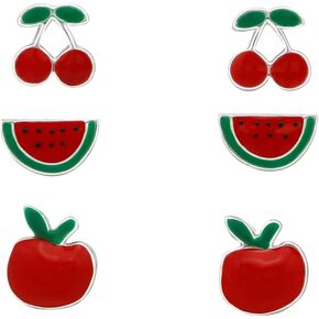 925 Sterling Silver Set of 3 Pairs Children's Fruit Stud Earrings
