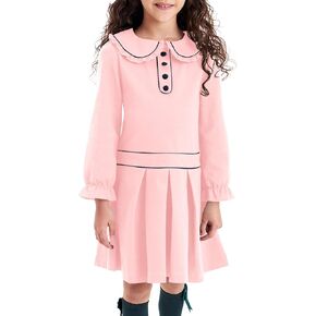 Haloumoning Girls Long Sleeve Dress Kids Fall Peter Pan Collar Uniform Dresses 5-14 Years