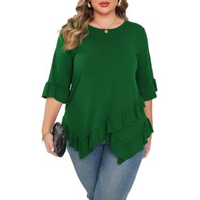 Beauhuty Plus Size Tops for Womens Tunic Ruffled Hem Crew Neck T-Shirts Casual Flowy Blouses 3/4 Ruffle Sleeve