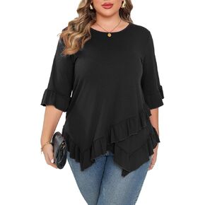 Beauhuty Plus Size Tops for Womens Tunic Ruffled Hem Crew Neck T-Shirts Casual Flowy Blouses 3/4 Ruffle Sleeve