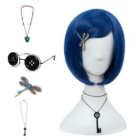 Coraline Women Cosplay Wig Dark Blue Bob Short Straight Hair Wig Button Glasses Key Necklace Gemstone Necklace Dragonfly Hairpin Costume Party Cosplay Wig (SET3)