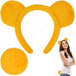 U-Goforst Yellow Bear Ears Headband and Tail, Bear Ear Headband for Women, Yellow Ears Headbands for Halloween Costume Accessories Set