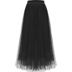 Kingfancy Women's Winter Skirts 2 Layered Tulle Tiered Long Skirts Elastic Waist A-Line Midi Skirts