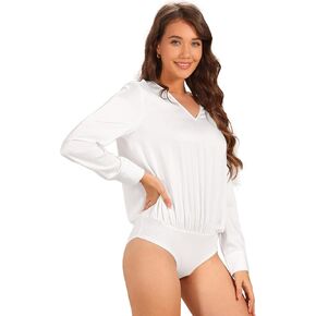 Allegra K Satin Leotard for Women's V Neck Long Sleeve Formal Bodysuit Tops