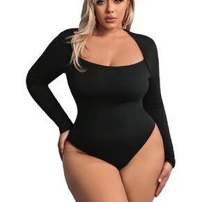 MakeMeChic Women's Plus Size Bodysuit Scoop Neck Long Sleeve Tee Shirts Tops Leotards