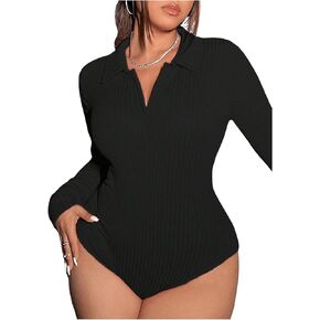 Floerns Women's Plus Size Lapel Neck Ribbed Knit T Shirts Long Sleeve Bodysuit Tops
