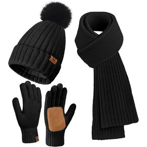 Womens Winter Beanie Hat Scarf Gloves Set Warm Knit Beanie with Pom Pom Long Scarf Neck Warmer Touchscreen Gloves