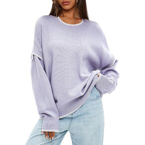 سترة نسائية عادية بأكمام طويلة ورقبة دائرية من Darong موضة خريف 2024 سترة فضفاضة متماسكة بألوان متباينة in Kuwait