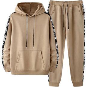 GORGLITTER Men's Letter Tape Sweatsuit Two Piece Kangaroo Pocket Drawstring Hoodie Jogger Sweatpants Set