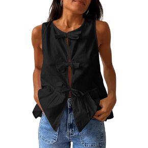 Lordree Women Tie Front Tank Top Sleeveless Ruffled Hem Peplum Top Cute Bow Tie Babydoll Vest Top Summer Streetwear