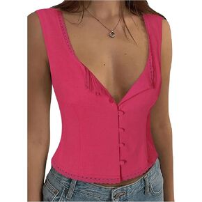 SOLY HUX Women's Lace Trim Button Down Tank Top Sexy Scoop Neck Fitted Vest Crop Tops Y2k Going Out Shirts