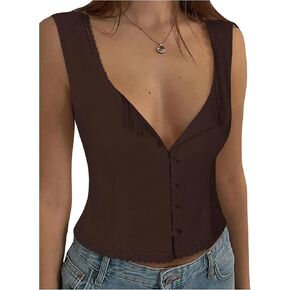 SOLY HUX Women's Lace Trim Button Down Tank Top Sexy Scoop Neck Fitted Vest Crop Tops Y2k Going Out Shirts
