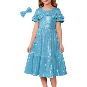 GRACE KARIN Girls Sequin Dress Short Sleeve Sparkle Birthday Party Prom Dress with Hair Bow 5-12Y